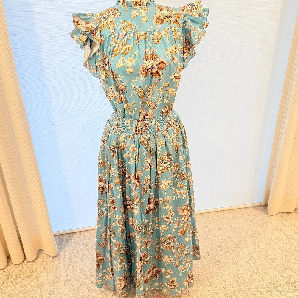 Elie Tahari Blue Floral 2 Piece Set Ruffle Sleeve Blouse/ Smocked Midi Skirt L/M